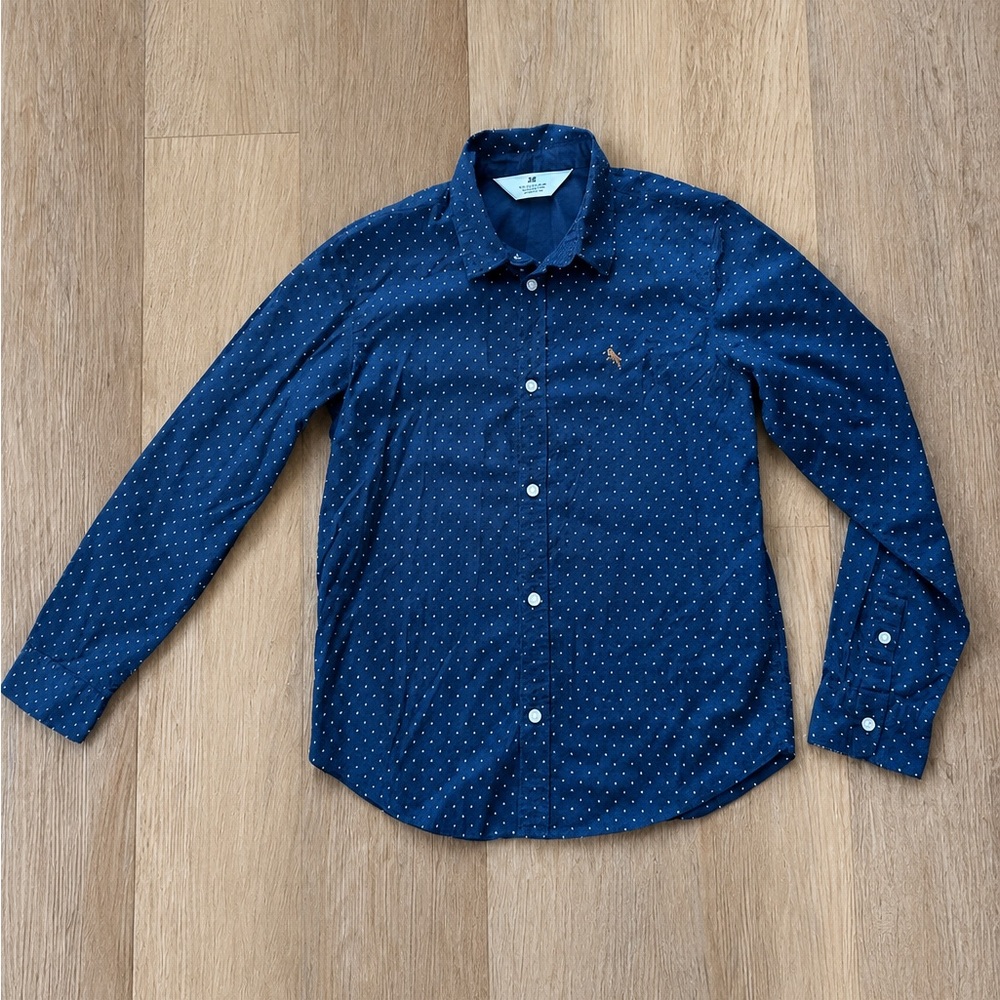 H&M Navy Blue Dot-Print Long Sleeve Button-Down Shirt